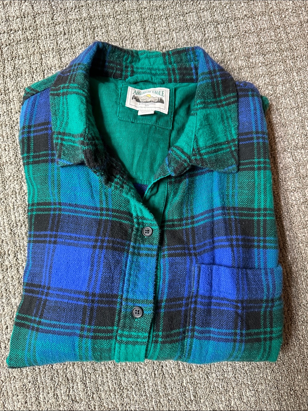 American Eagle Outfitters Blue & Green Plaid Button-Down Shirt Medium